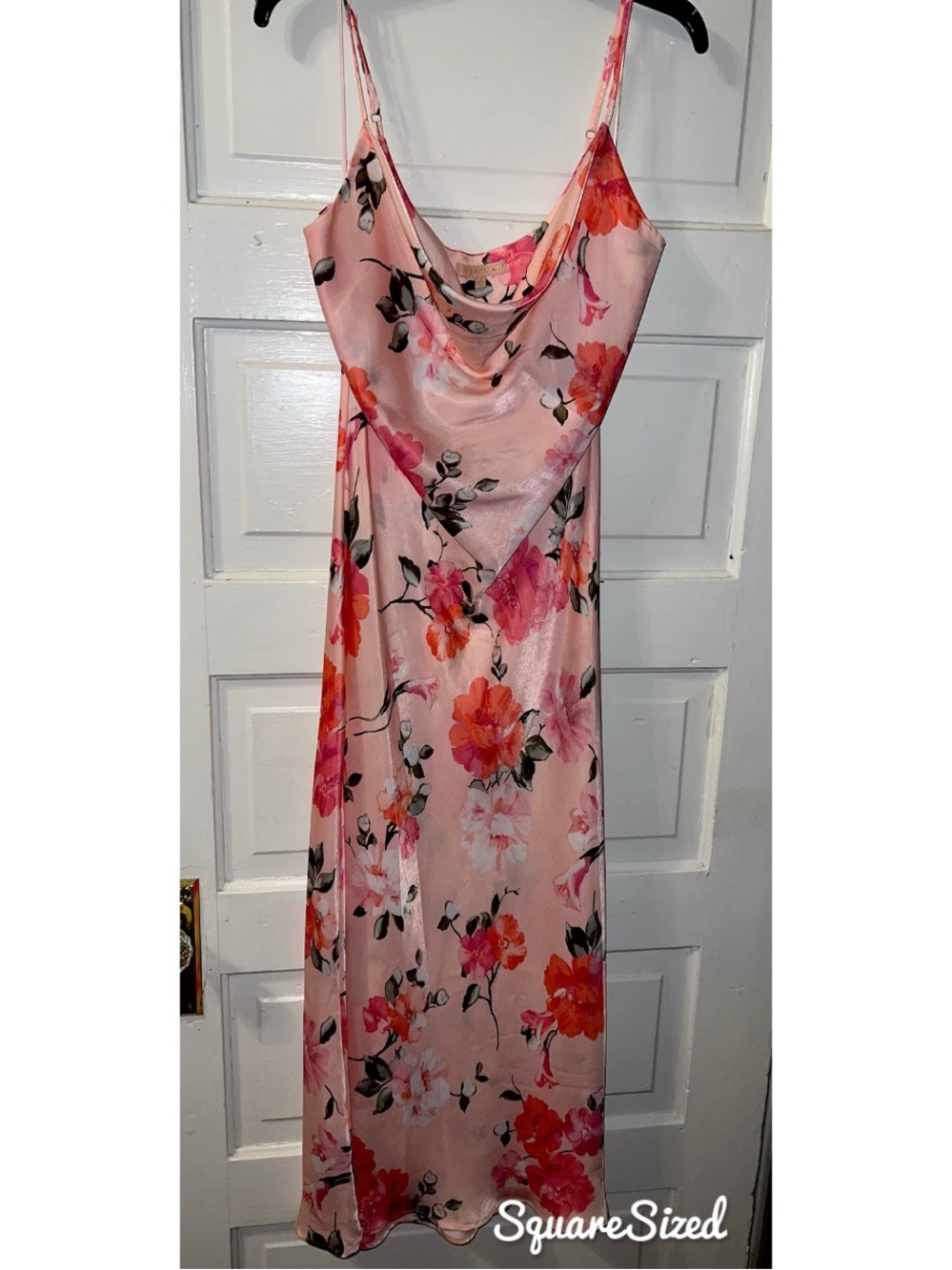 Floral Pink Satin Cowl Neck Maxi Slip Dress